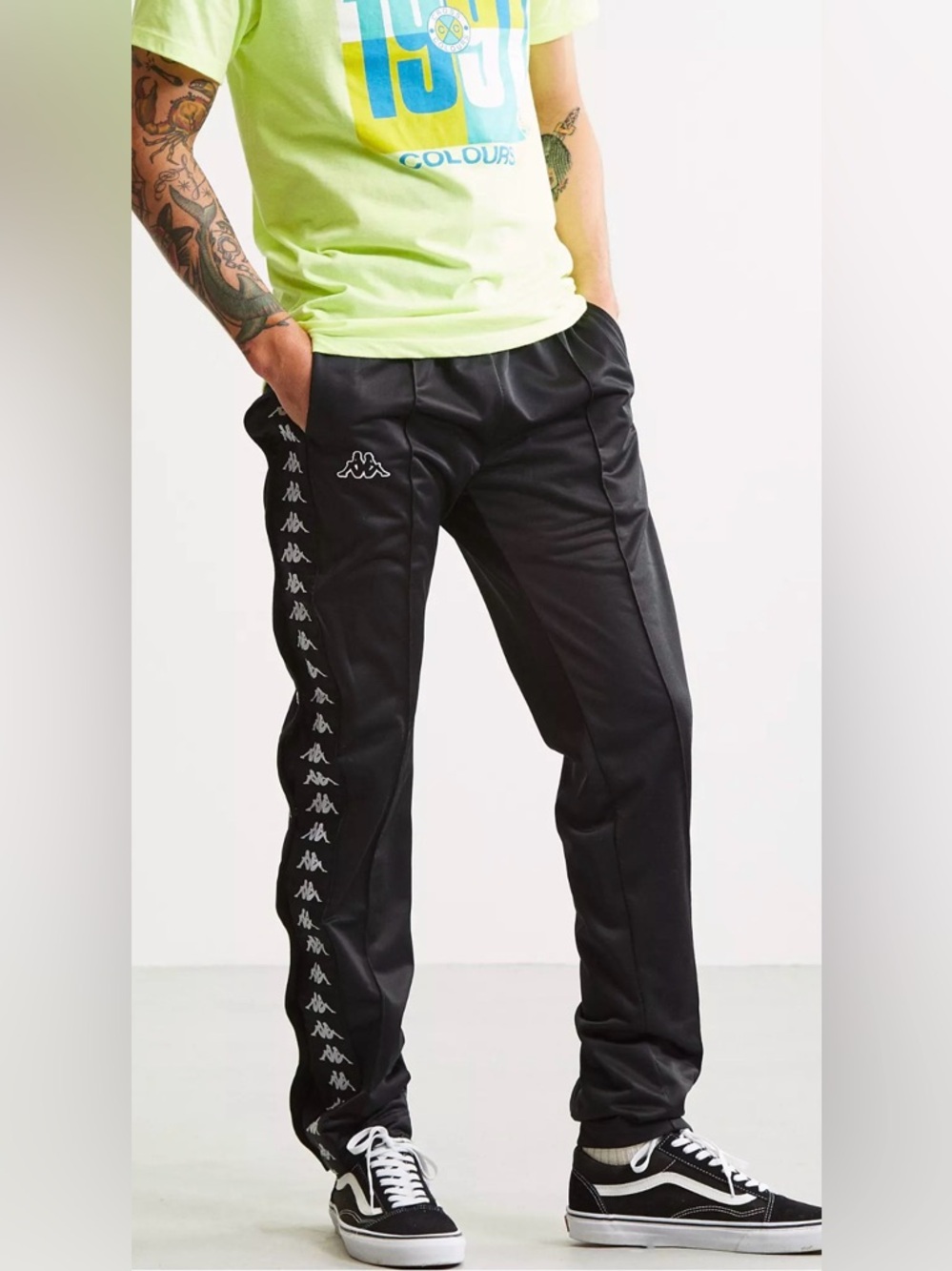 Kappa Black Track Pants Tearaway with White Logo Tape